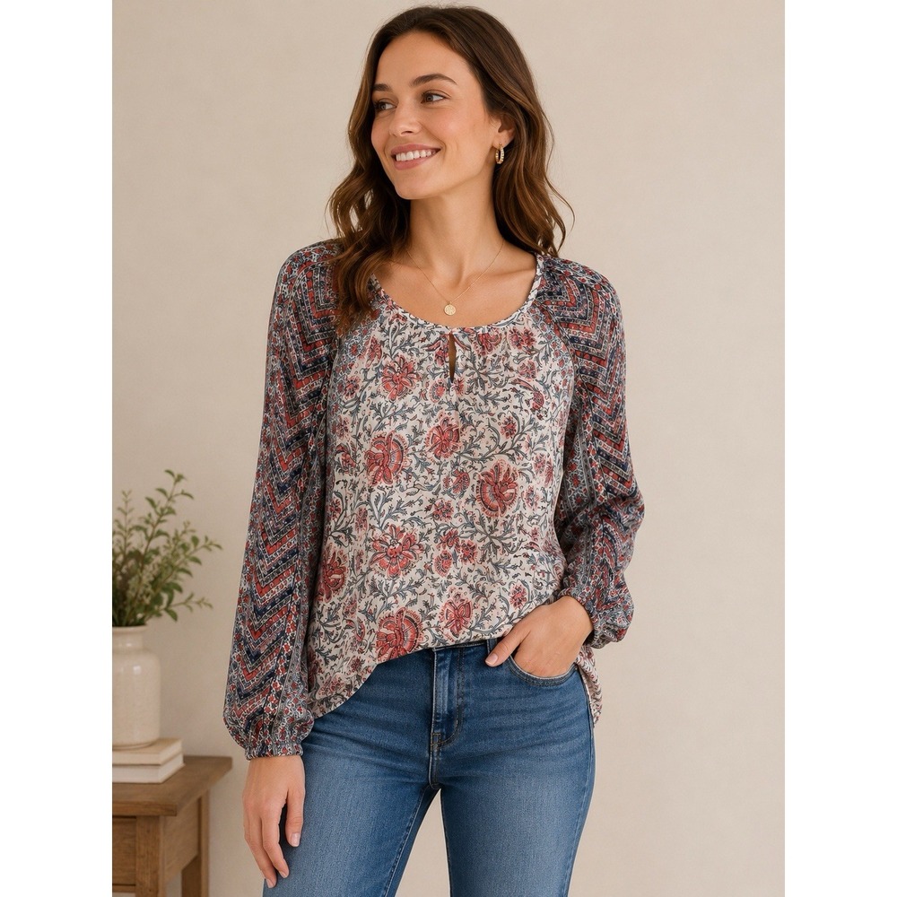 Lucky Brand Women Sz M/L Floral Boho Blouse Long Sleeve Peasant Sheer Red Blue